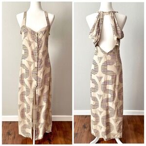 CELANDINE Linen Blend Abstract Print Halter Neck Maxi Dress Size XS Button Front